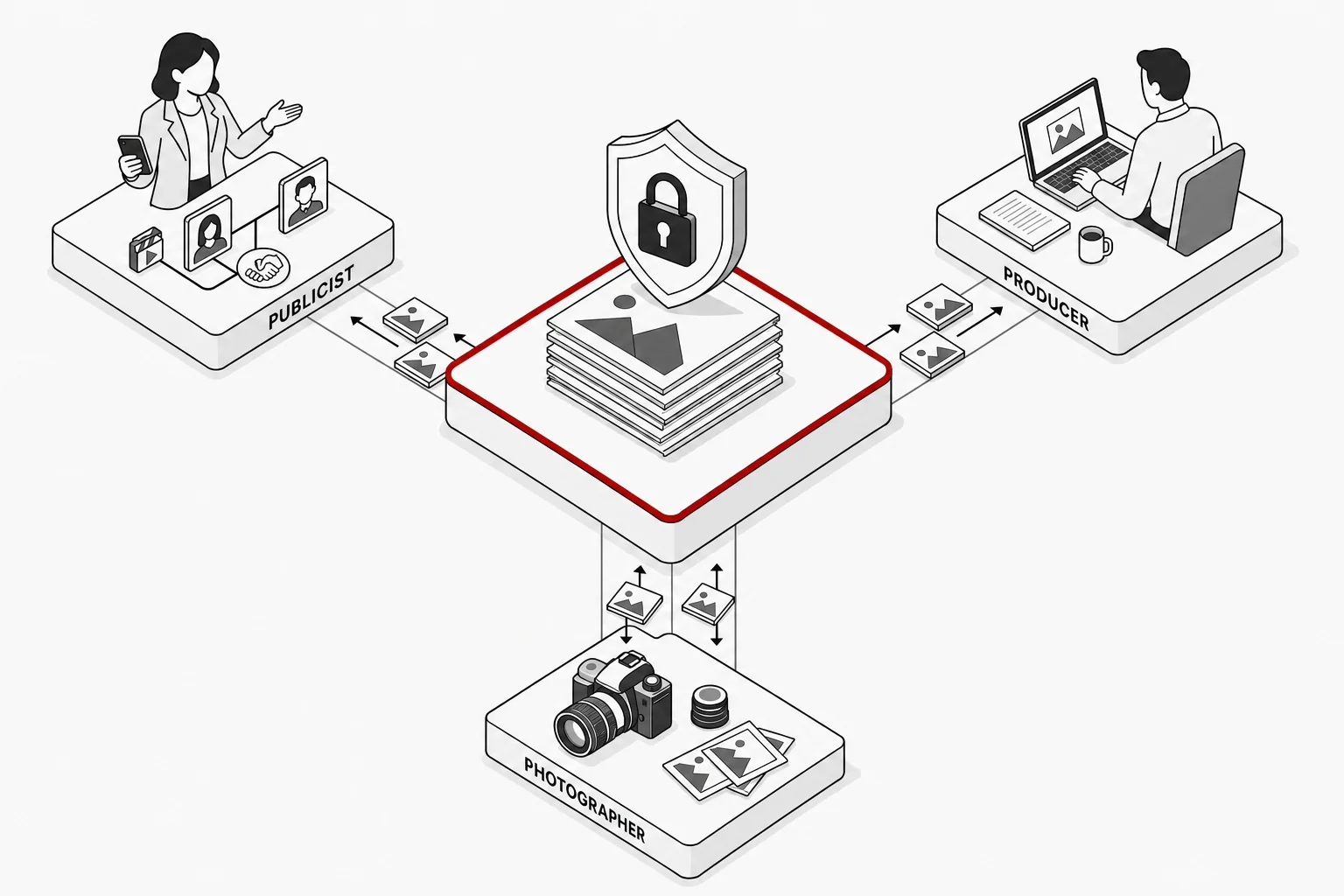 Isometric illustration of a secure central hub connecting a publicist, producer and photographer, with image files moving safely between them