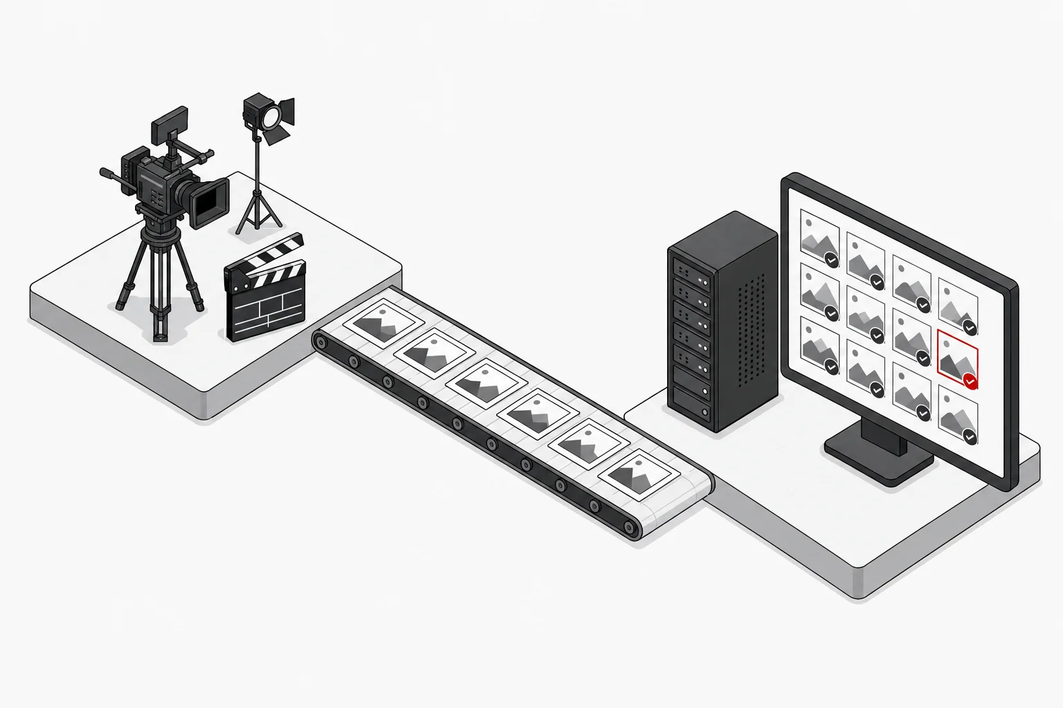 Isometric illustration bridging a film set and the Image Approvals platform, showing a cinema camera and clapperboard feeding unit stills along to a server and an approvals review grid
