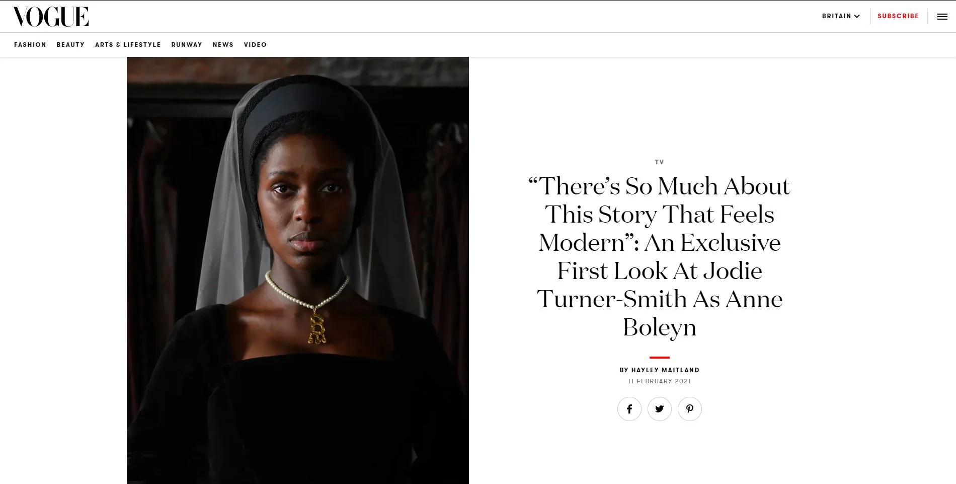 Screenshot of British Vogue online showcasing an article about new TV series Anne Boleyn
