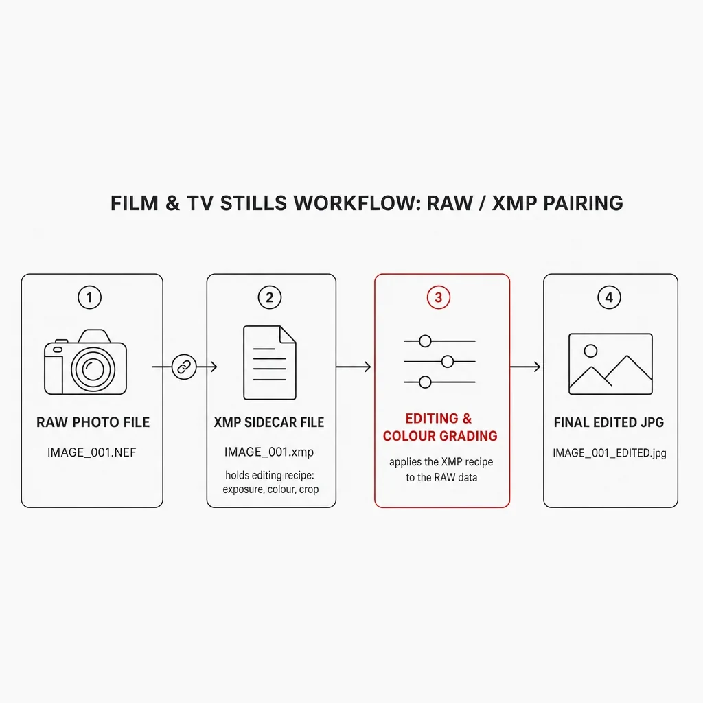 Diagram of a RAW photo file paired with its XMP sidecar file of edit instructions, rendering to a final edited JPG