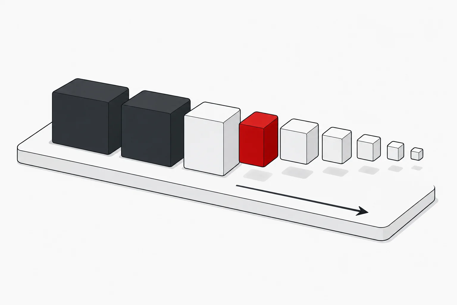 An isometric illustration of filename segments as stacked blocks, ordered left to right from large anchored fixed parts to smaller lighter variable parts