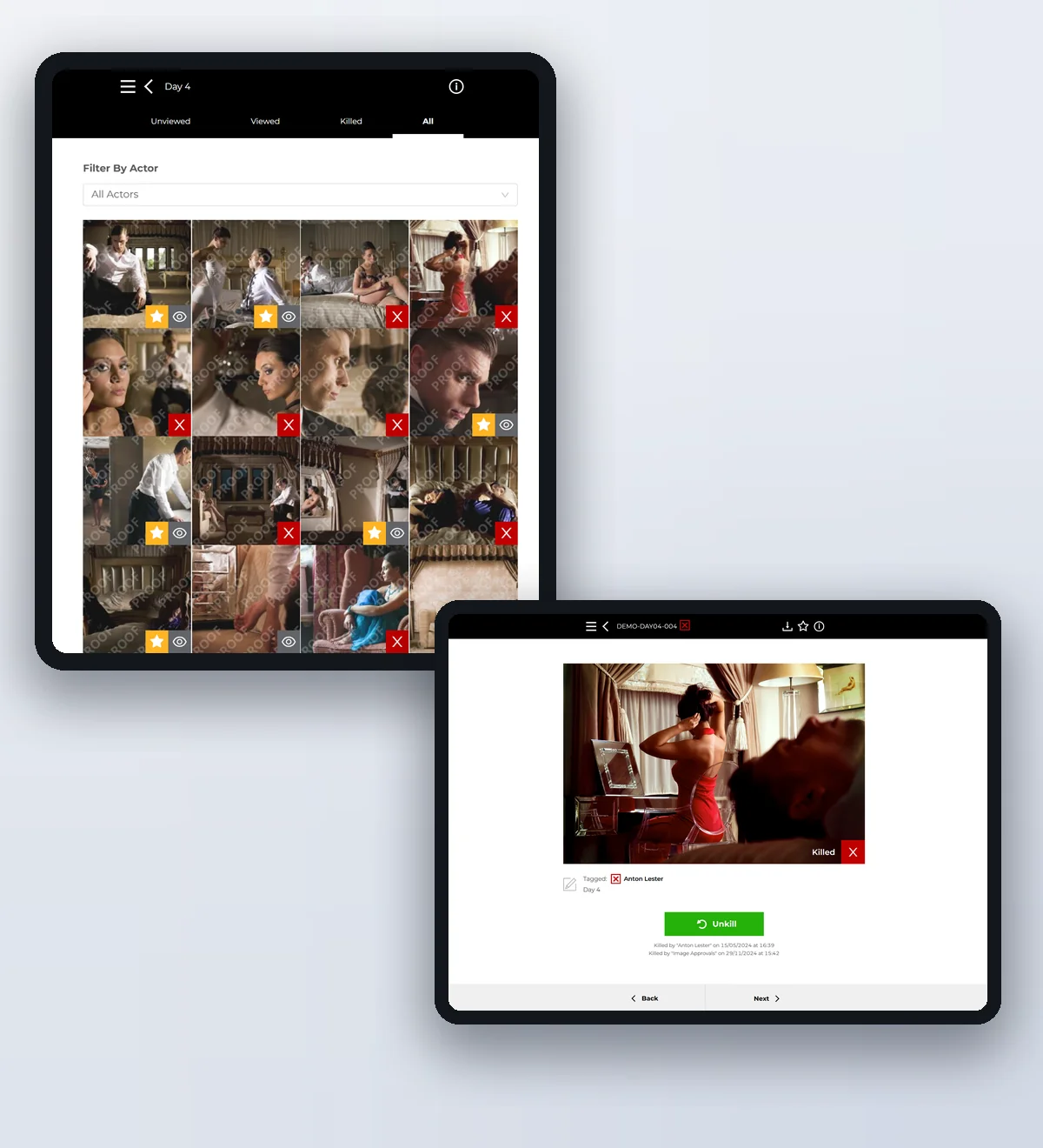 The Image Approvals platform showing a per-image kill status and timestamped audit trail alongside the day's review gallery