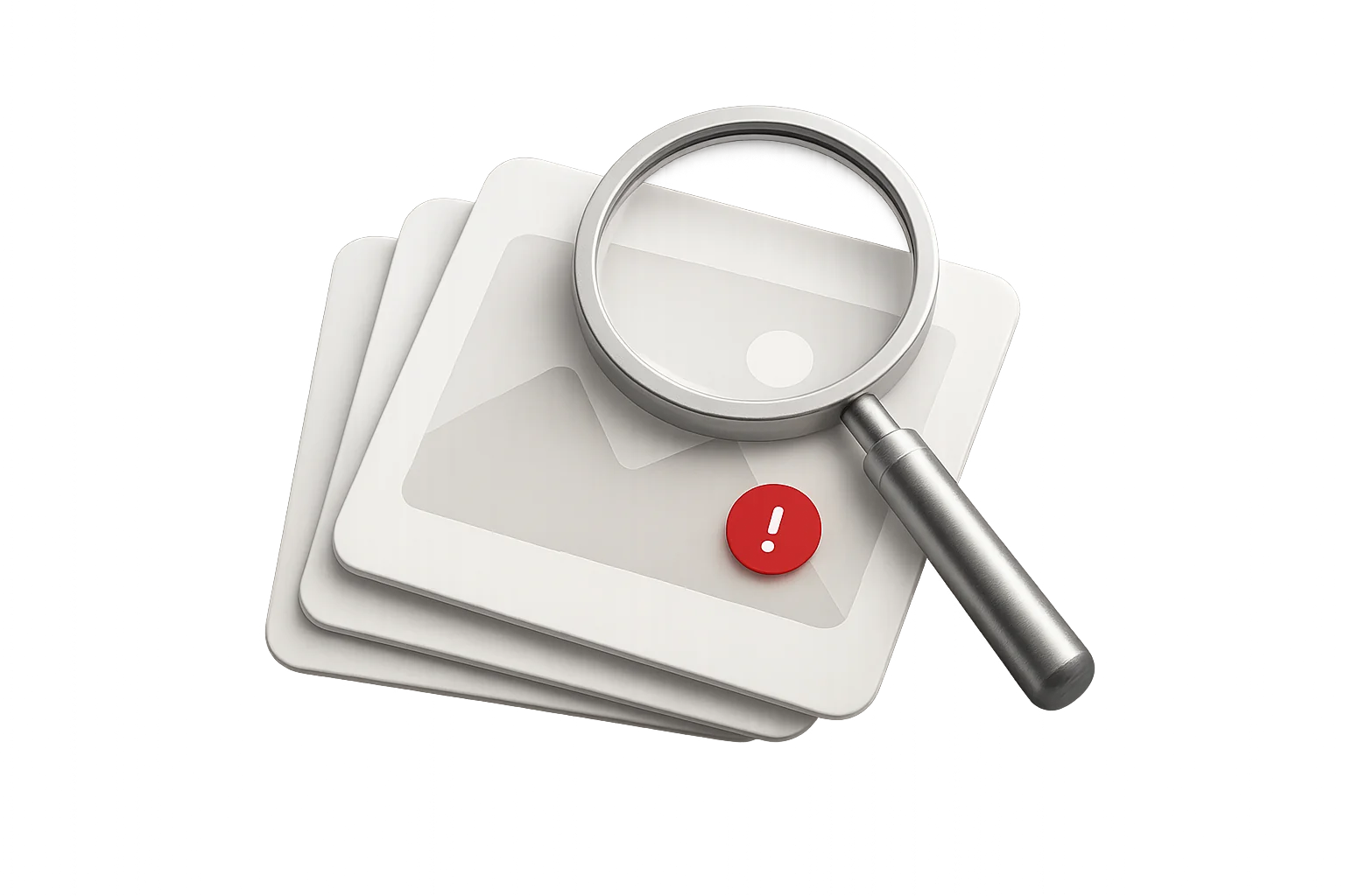 A magnifying glass inspecting a stack of image files, with one file flagged for a detected fault