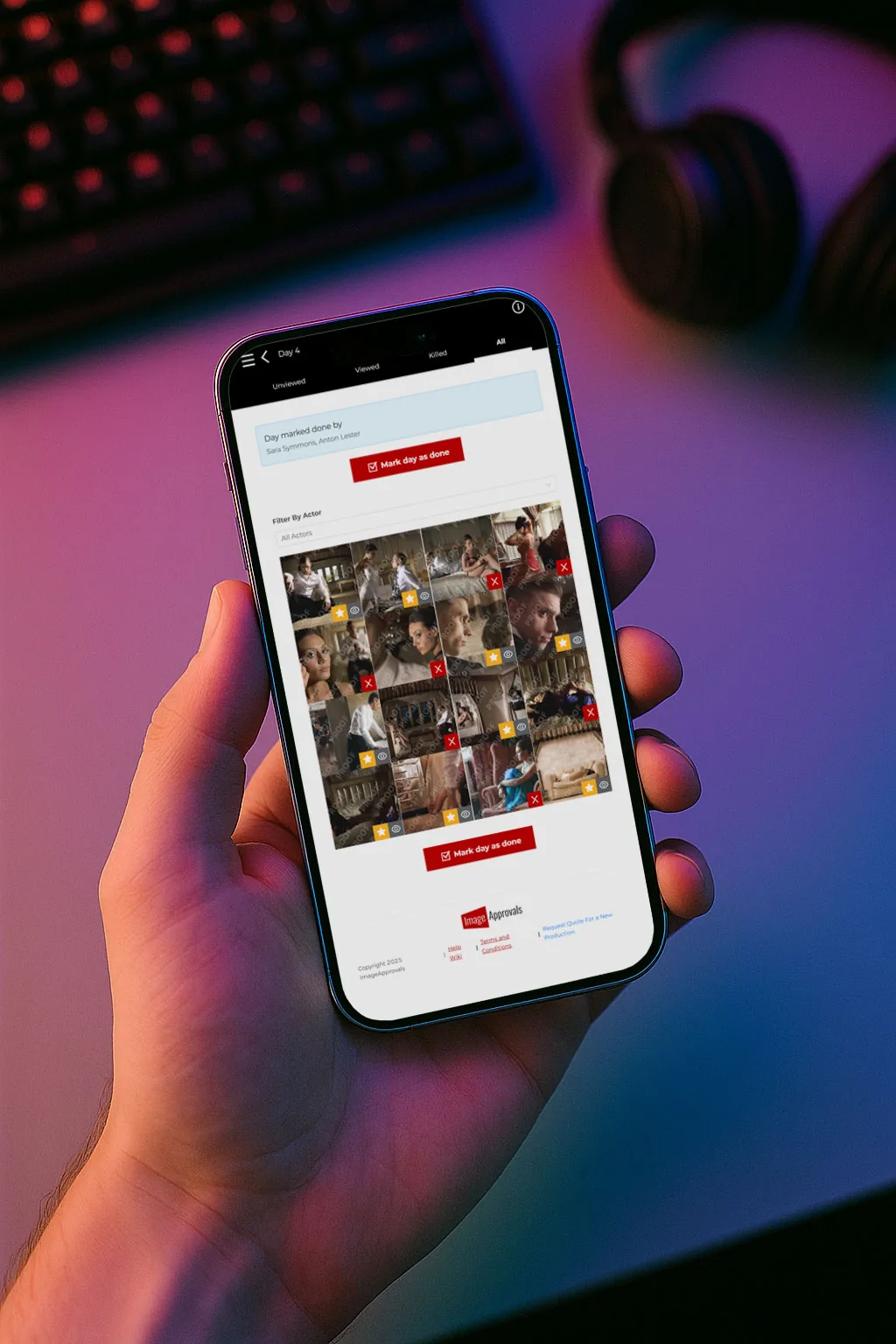 The Image Approvals mobile interface showing stills ready for review on a phone