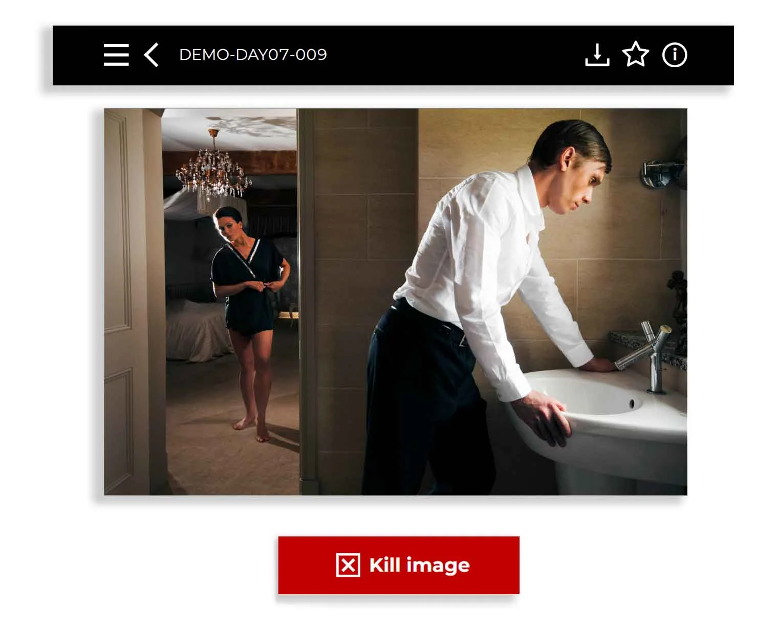 The Image Approvals single-image review screen showing one still with a red Kill image button and download, key-select and info controls