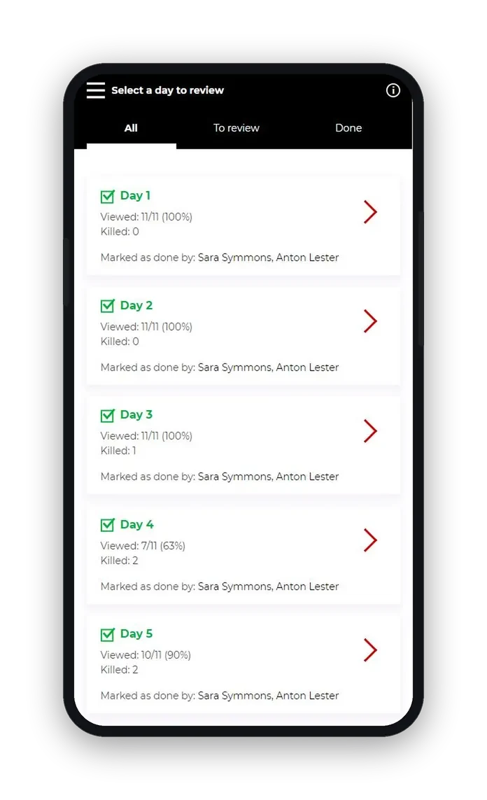 The app on a phone listing each shoot day with images viewed, kills logged and who has marked the day as done