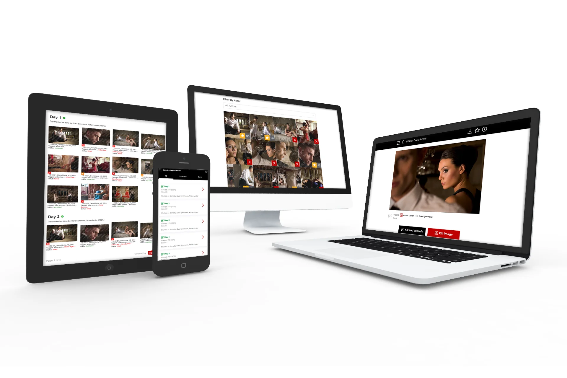 The Image Approvals platform shown across a desktop monitor, laptop, tablet and phone, with talent stills laid out for review and approval