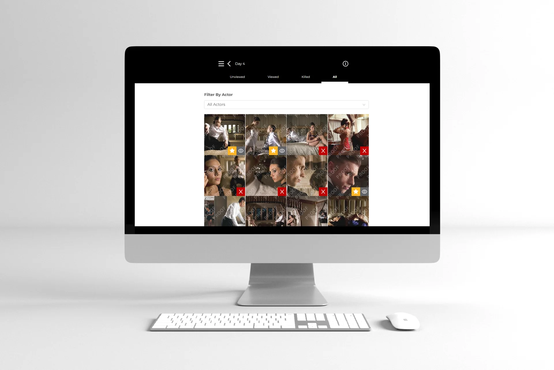 The Image Approvals review grid open on a desktop, showing a shoot day's stills as thumbnails with kill and key-select markers, filterable by actor
