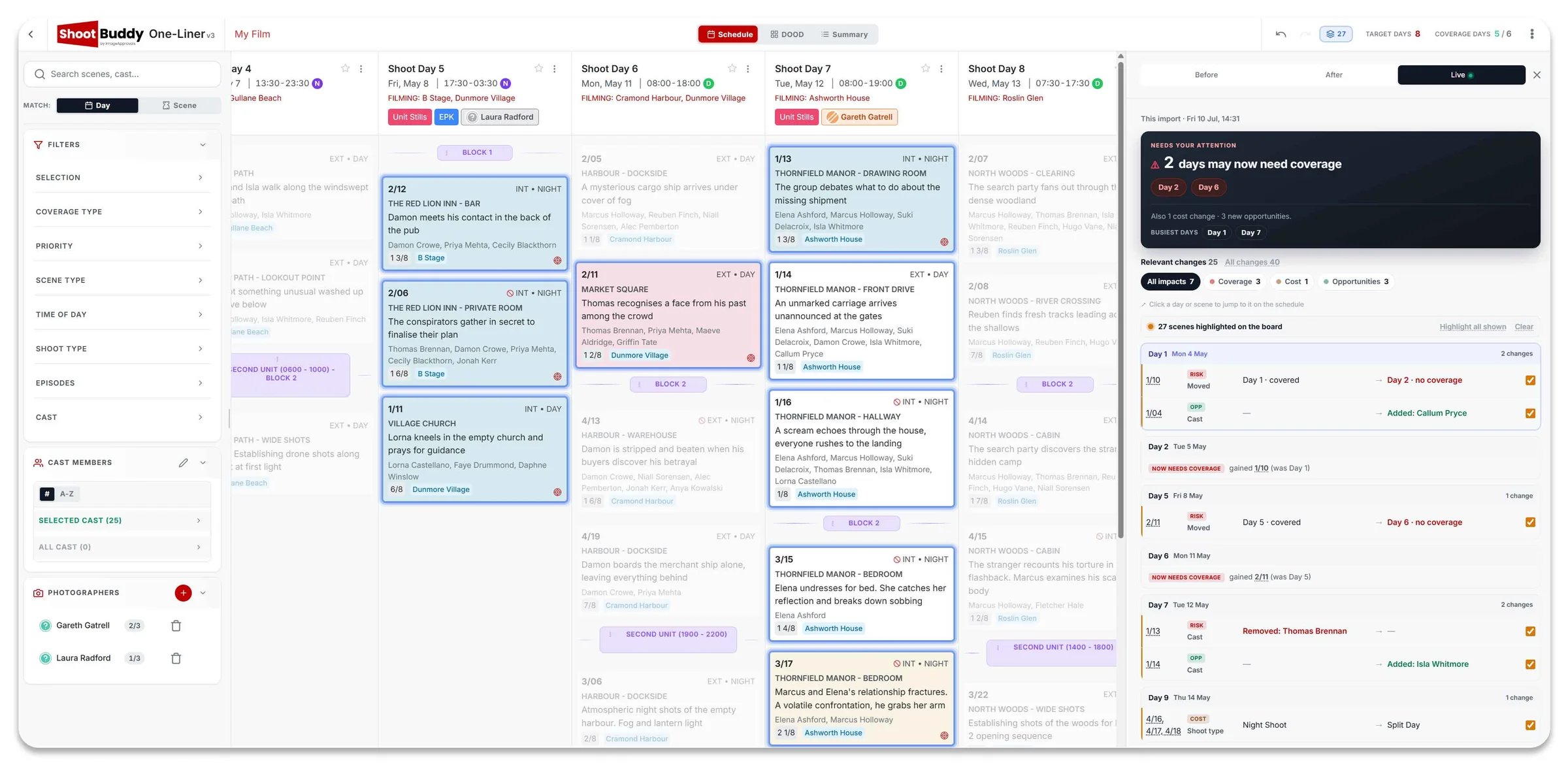 ShootBuddy change-tracking report highlighting scenes and cast that moved between schedule versions