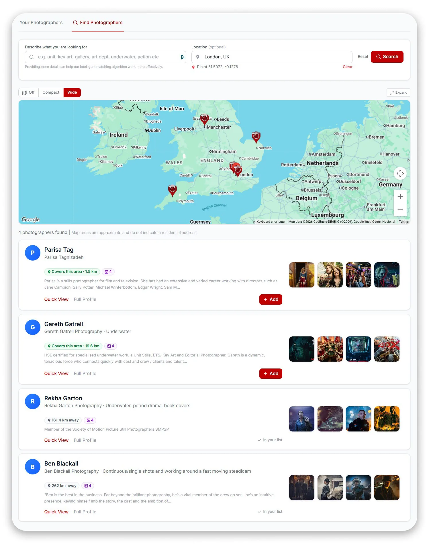 ShootBuddy find-a-photographer screen showing photographers searchable by location and skill