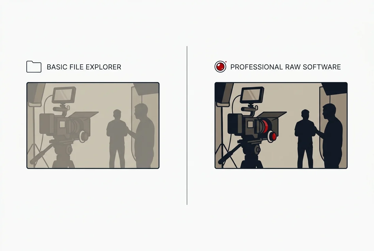 The same film-set frame shown flat and washed out in a basic file explorer versus rich and colour-graded in professional RAW software