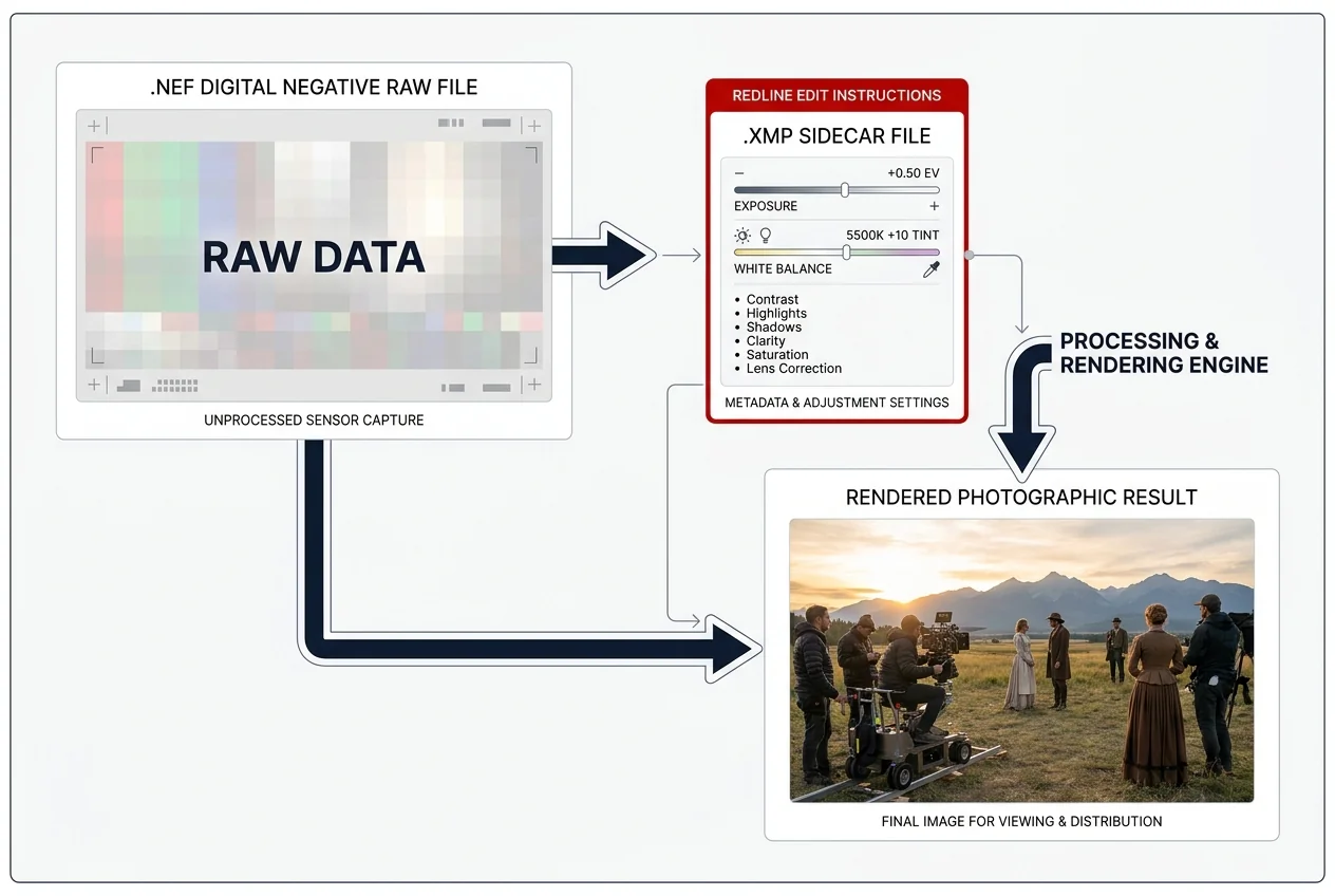 Diagram of a .NEF RAW file paired with an .xmp sidecar of edit instructions, rendering to a final graded film-set image