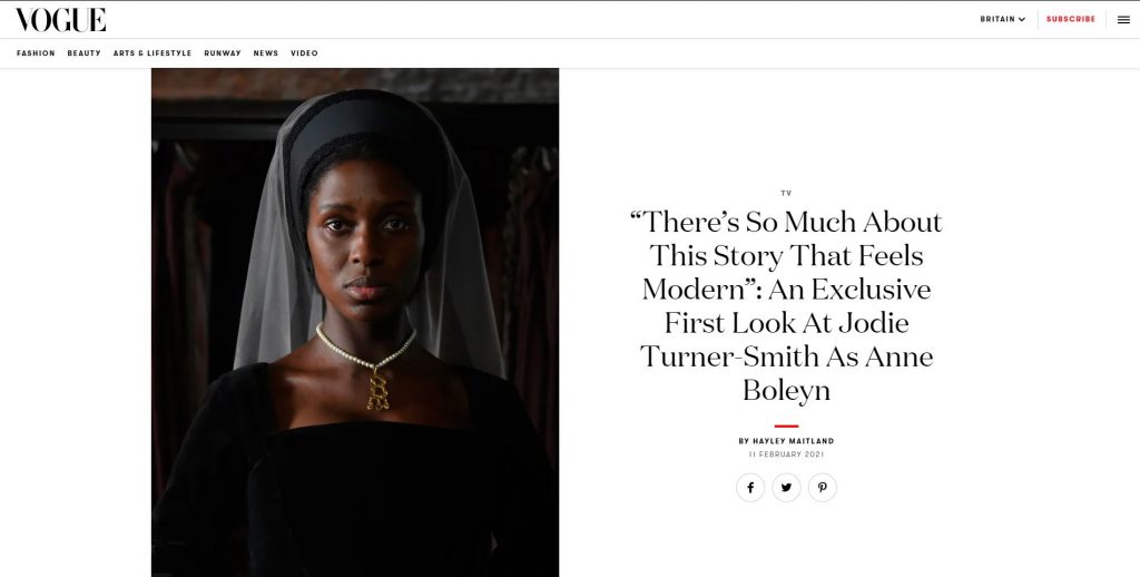 Screen shot from British Vogue online showcasing an article about new TV series Anne Boleyn