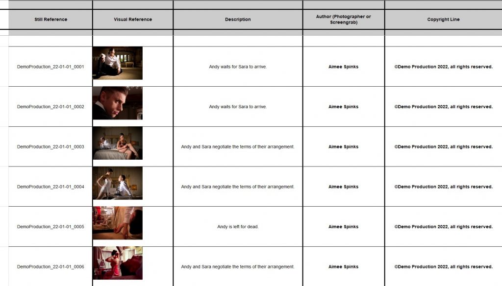 An example of a caption sheet