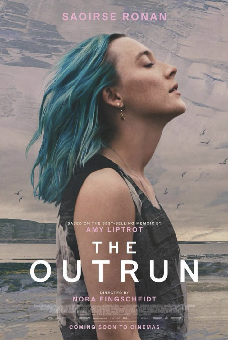 A movie poster for "The Outrun" showing lead actress Saoirse Ronan, blue hair moving in the wind, eyes closed and face raised skyward.