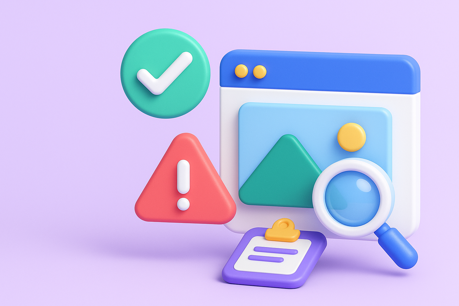A 3D graphic in the style of claymation. Icons representing ticks of approval, warnings, and a magnifying glass looking over a digital image. A clipboard sits below indicating a thorough checking process.