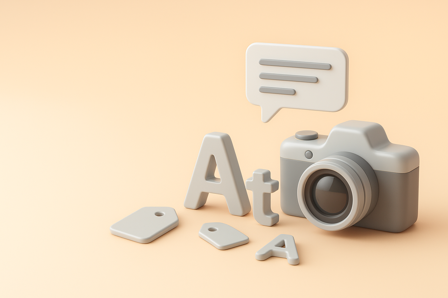 A 3D graphic in the style of pastel claymation of a camera, luggage tags and letters sitting on a peach coloured background