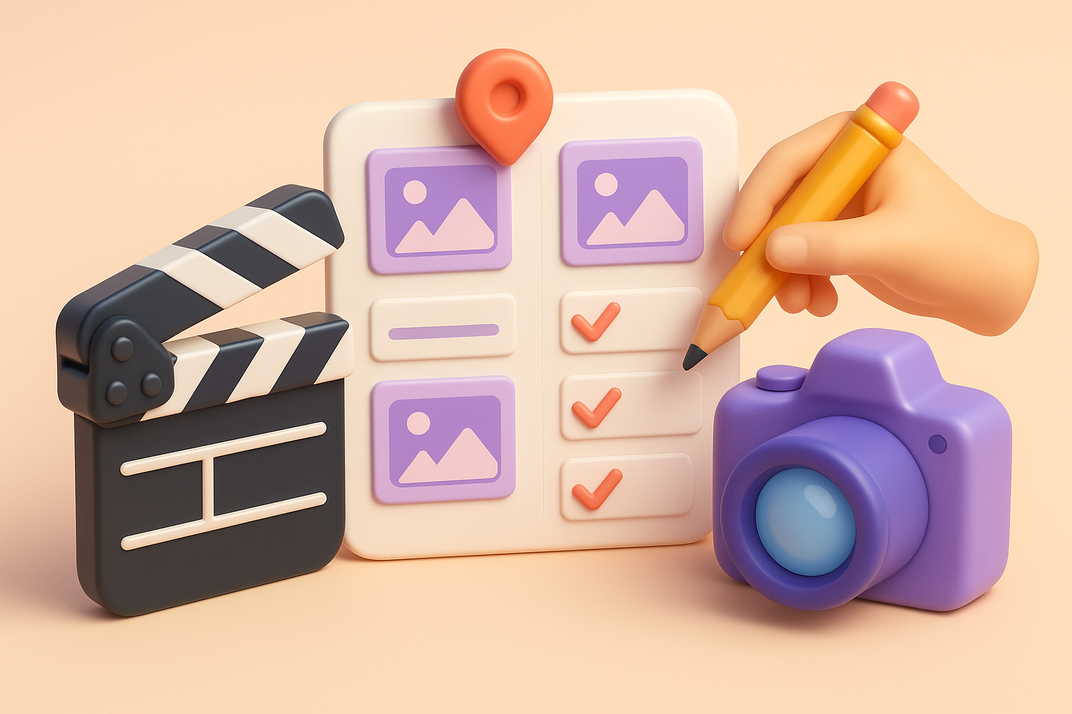 A 3D graphic in a claymation style. A camera sits on top of a peach background alongside a clapperboard whilst a hand holds a pencil over a checklist of photo icons.