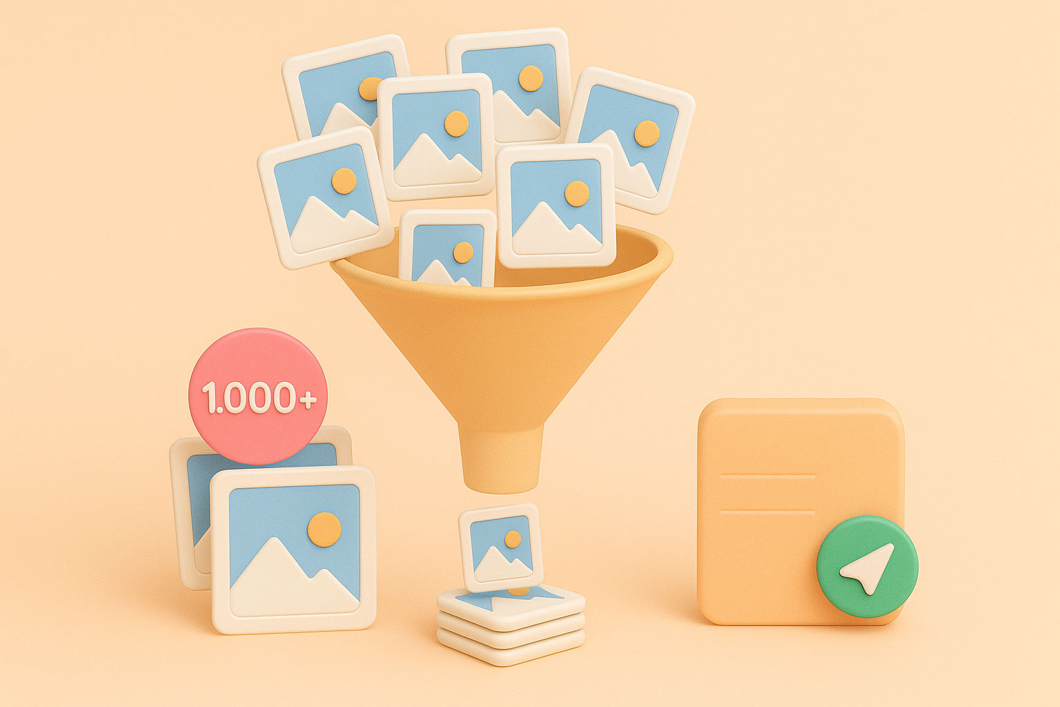 A 3D graphic in the style of claymation against a pastel peach background shows 1,000s of images being filtered down into a smaller set of selects to demonstrate the curation process.