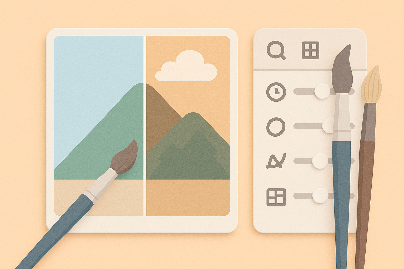 A 3D graphic in the style of claymation against a pastel peach background shows an image in the process of being edited. It is split by a line down the middle, the left half of the image is the brighter, edited version and the right side is the darker unedited version. To the right sit paintbrushes over an editing panel.