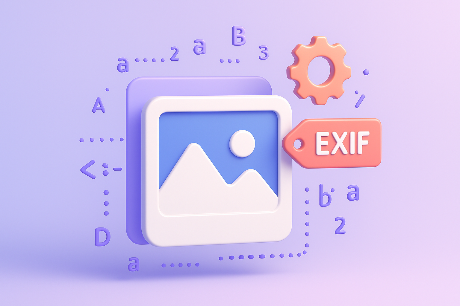 A 3D graphic in the style of pastel claymation of an image icon surrounded by letters a settings gear icon and an EXIF tag.