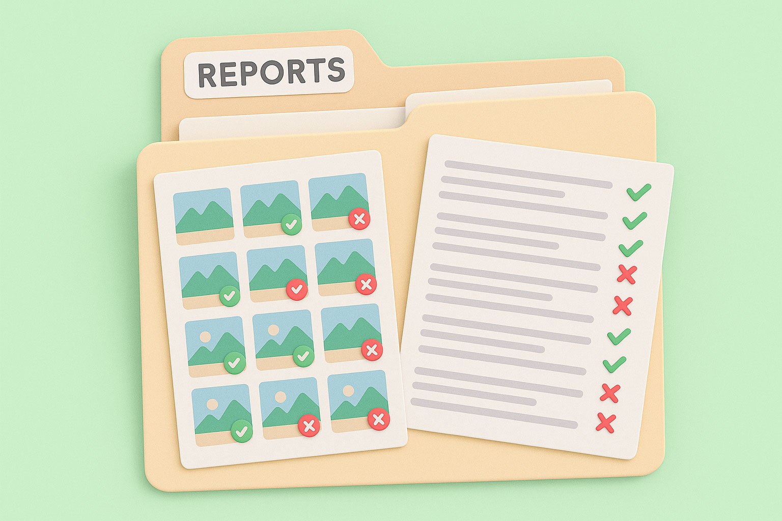 A 3D graphic in the style of claymation against a pastel green background shows contact sheet and written reports sitting on top of a manila folder with the label 'reports'