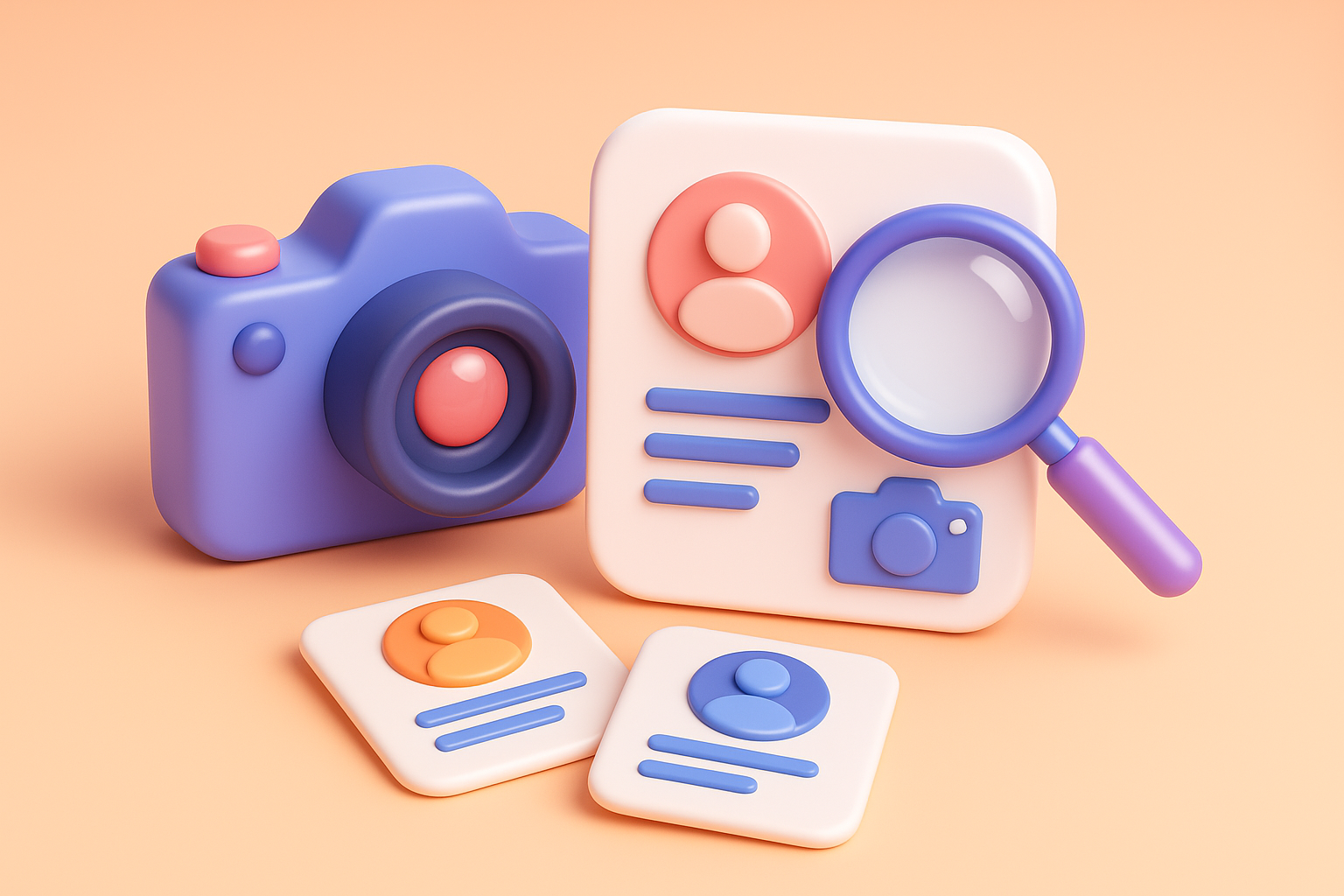 A 3D graphic in a claymation style. A camera sits on top of a peach background, photographer profile cards scattered around. A magnifying glass looks at one of the cards closely.