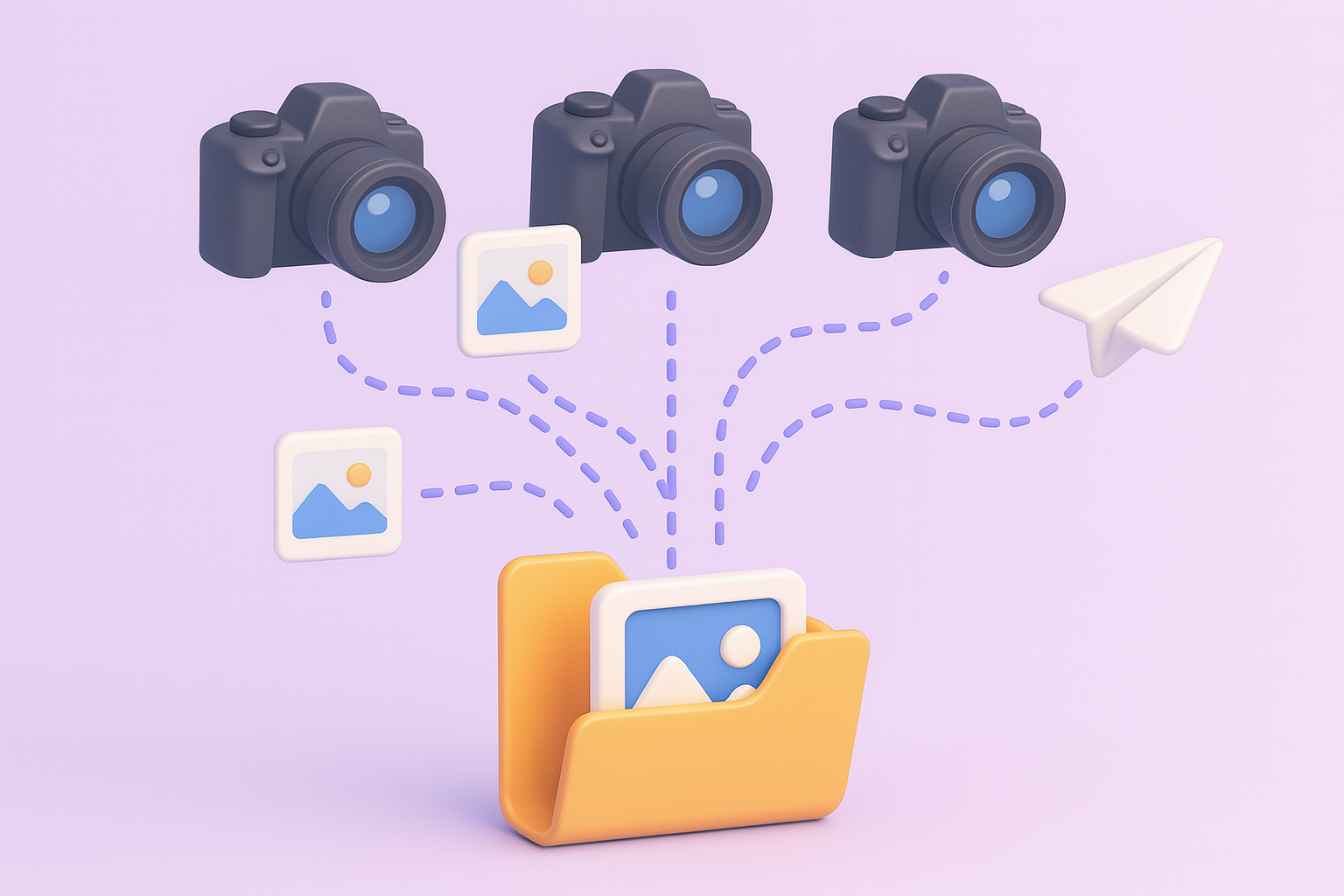 A 3D graphic in the style of claymation. Three cameras hover above an open folder; the images from all three cameras float down into the single folder to show a streamlined delivery process.