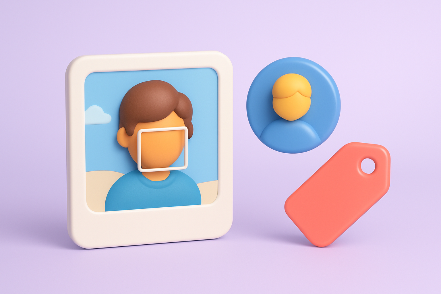 A 3D graphic in the style of claymation. A photo of a person with a tag box highlighted around their face sits on a pastel purple background alongside a tag and portrait icon.