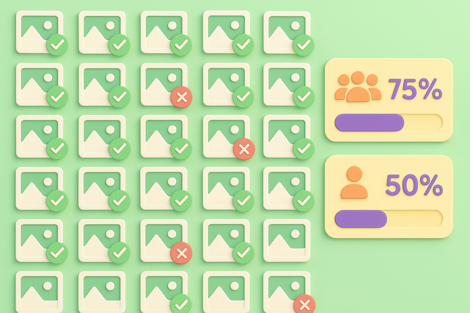 A 3D graphic in the style of claymation. Multiple image cards lie against a pastel green background. Some approved with ticks, others marked with a cross. Icons representing solo and group images sit to the right with a percentage gauge next to them showing how many of each image type have been approved.