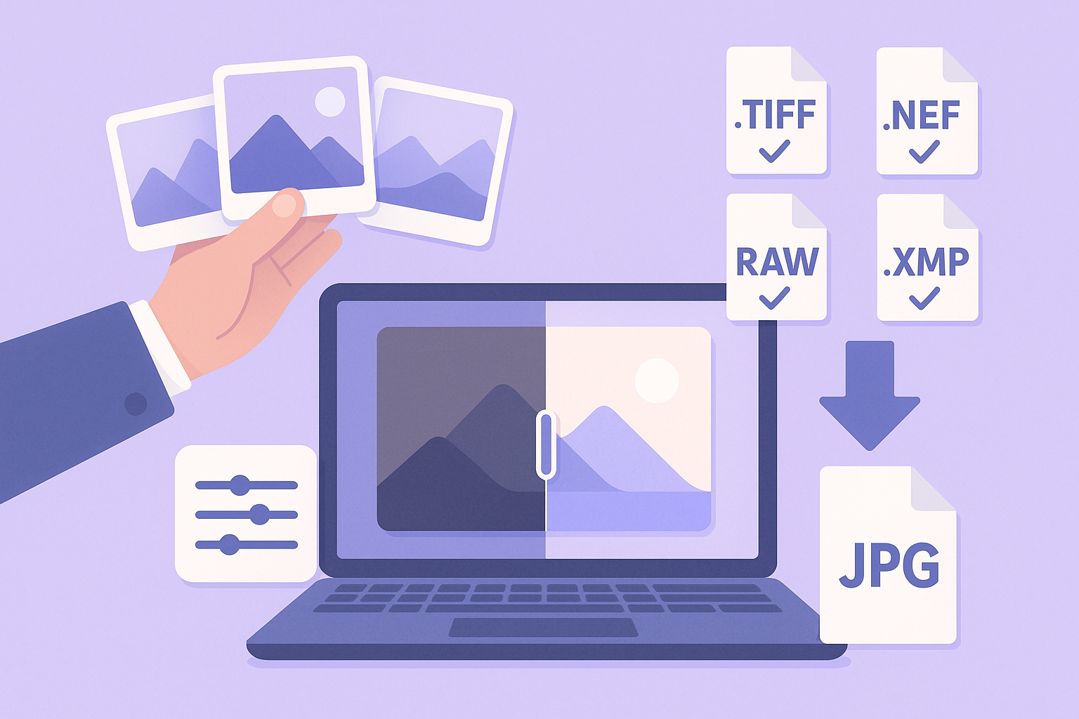 A flat illustrative style graphic shows a hand holding multiple photos. A computer shows a split creen of an image before and after editing whilst icons showing different file formats float to the right.