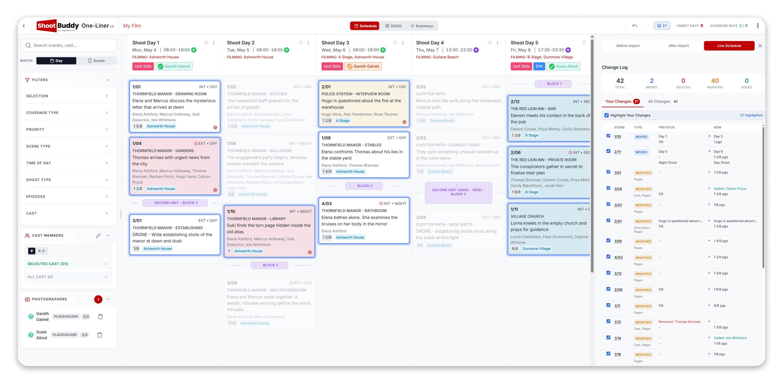 ShootBuddy change-tracking report showing moved scenes, affected cast, and coverage impact