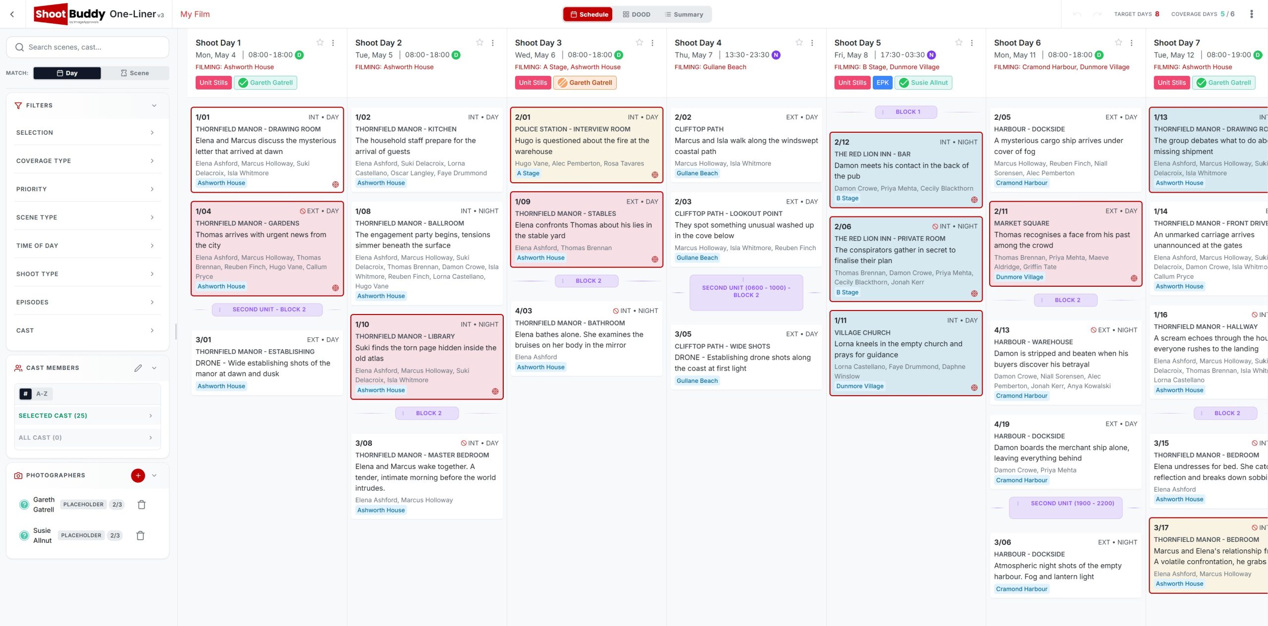 ShootBuddy schedule planning board showing shoot days, scene cards, filters, cast members, and photographer assignments